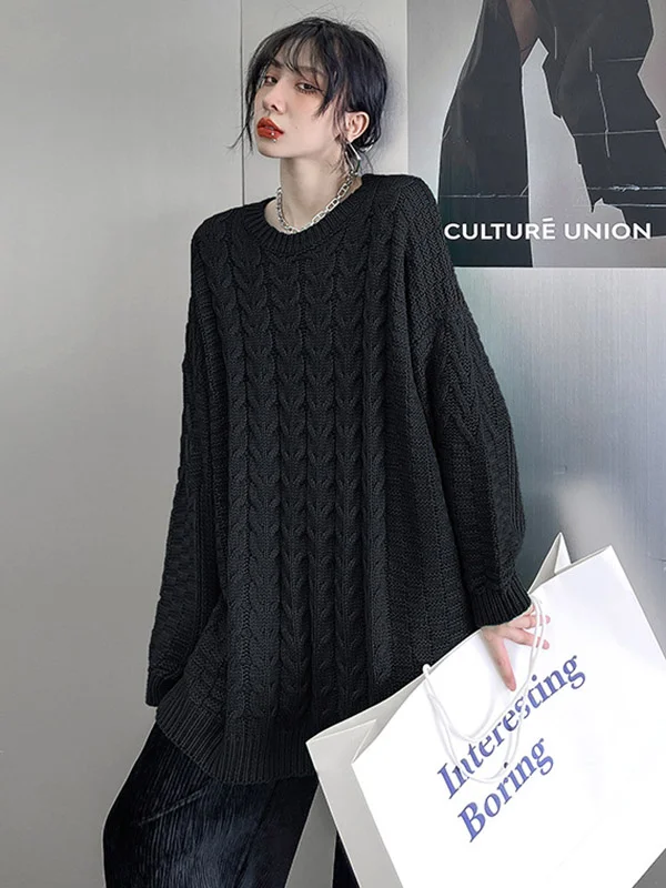Casual Roomy Pure Color Jacquard Round-Neck Long Sleeves Sweater Top