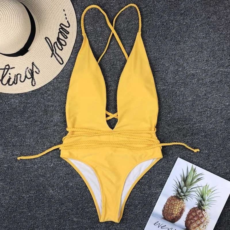 Halter Neon Deep V Swimsuit Women Monokini String Bathing suit Sexy Push Up Swimwear one piece Bodysuits High cut Bikini Women