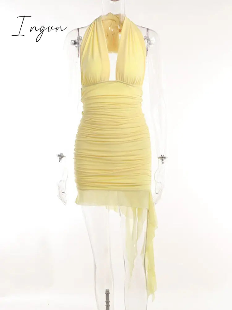 Ingvn - Elegant Irregular Mesh Mini Dress For Women Robe Halter Deep V Neck Sleeveless Backless