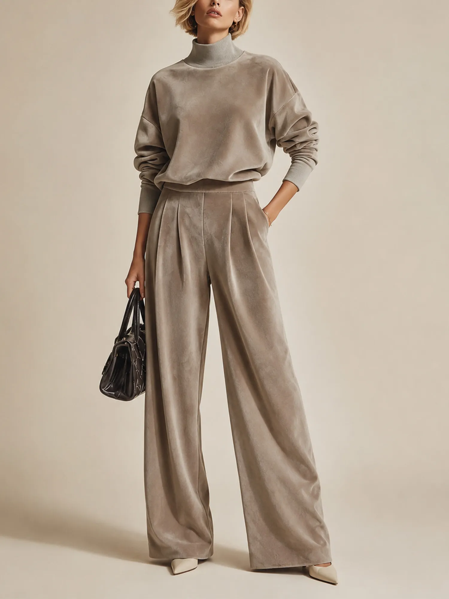 Everyday Outfit &mdash; High-waisted, pleated, wide-leg velvet two-piece set