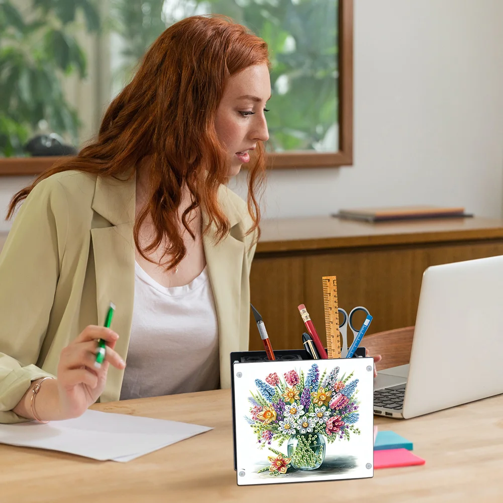 DIY Flower Special Shaped Diamond Painting Acrylic Pencil Holder Organizer
