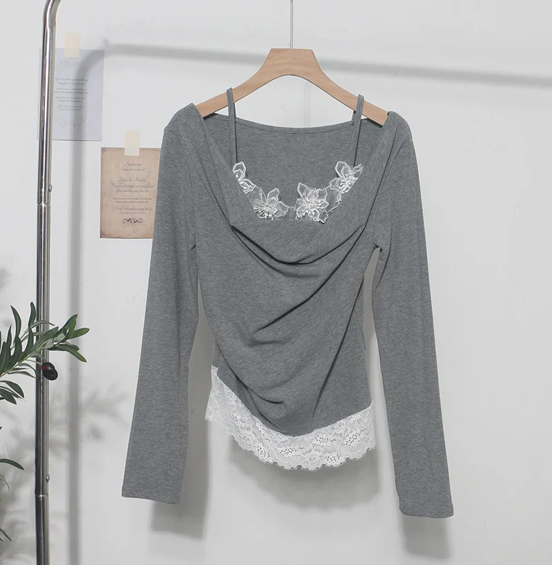 Nigikala Nigikala Autumn Fake Two Lace Lace Collar Folding Long Sleeves Slimming Bottom T-Shirt Top Woman 2532