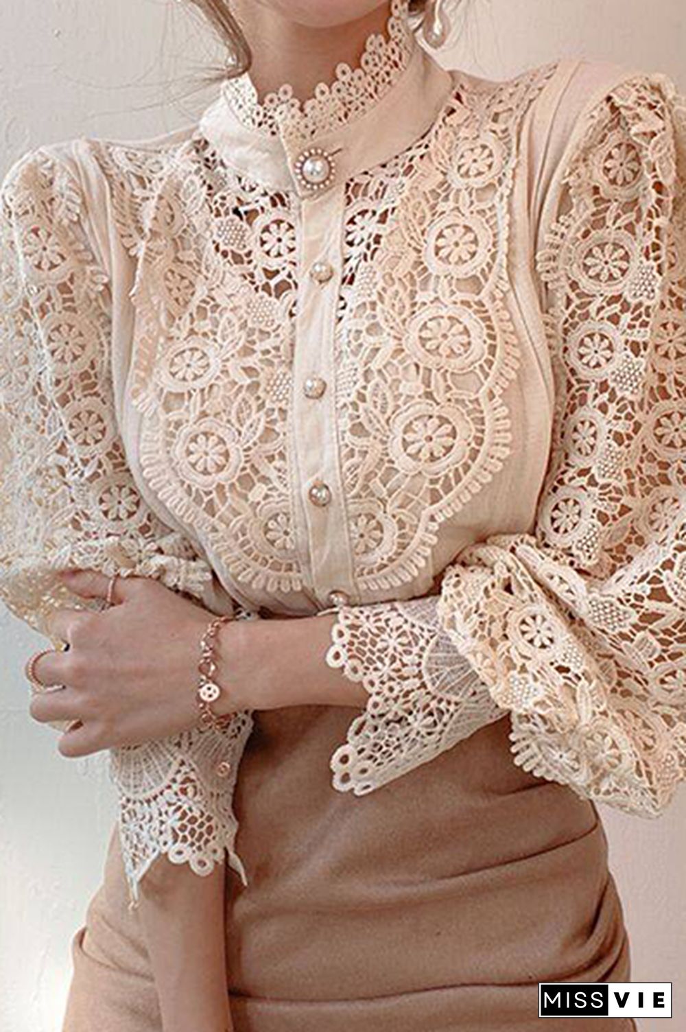 Elegant Patchwork Lace Hollowed Out Buckle Mandarin Collar Blouses(3 Colors)