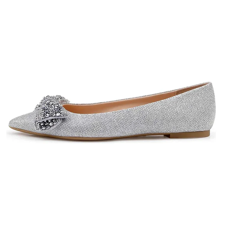 Silver Pointed Toe Rhinestone Flats for Women Vdcoo