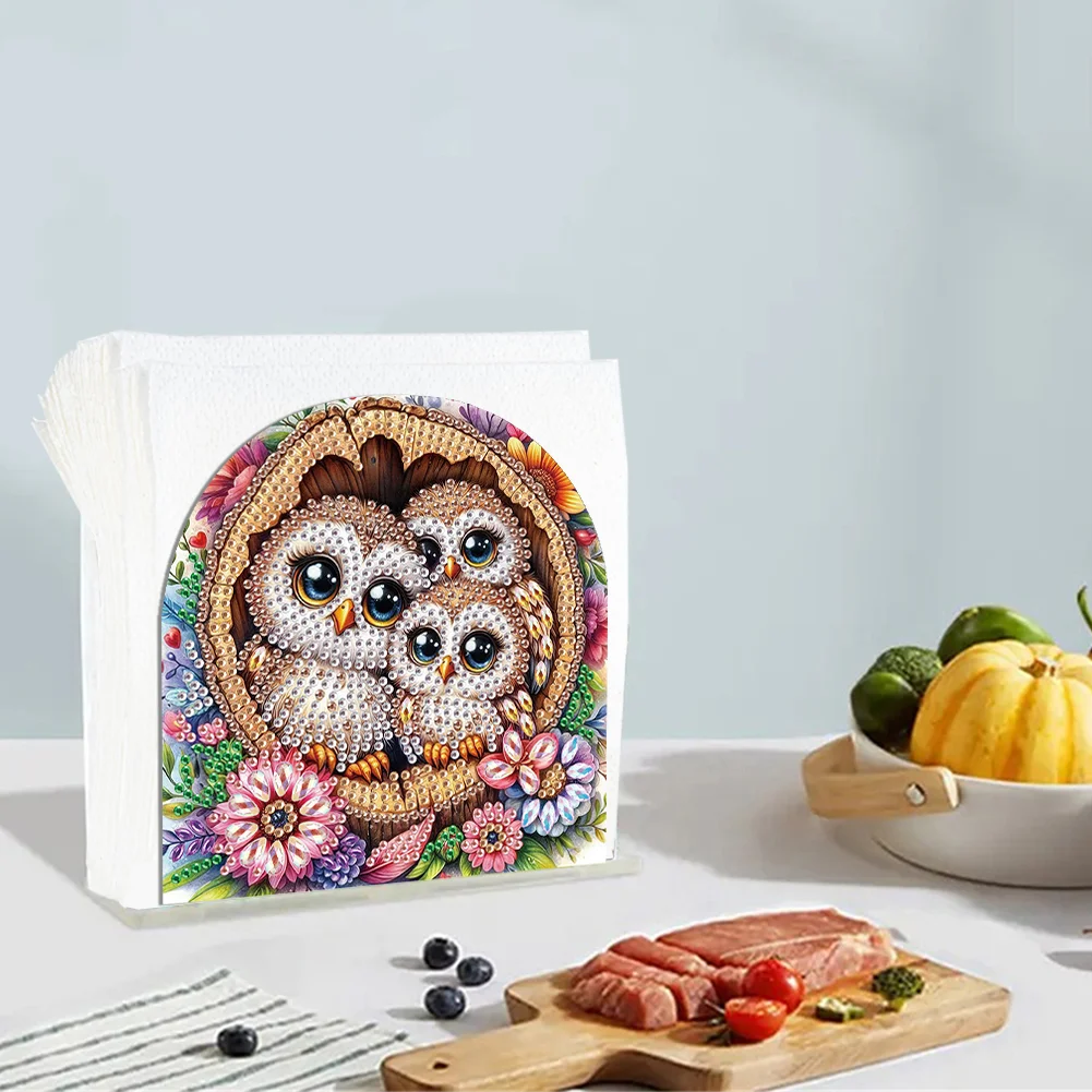 DIY Flower Owl Acrylic Napkin Holder Diamond Painting Kit for Home Table Decor