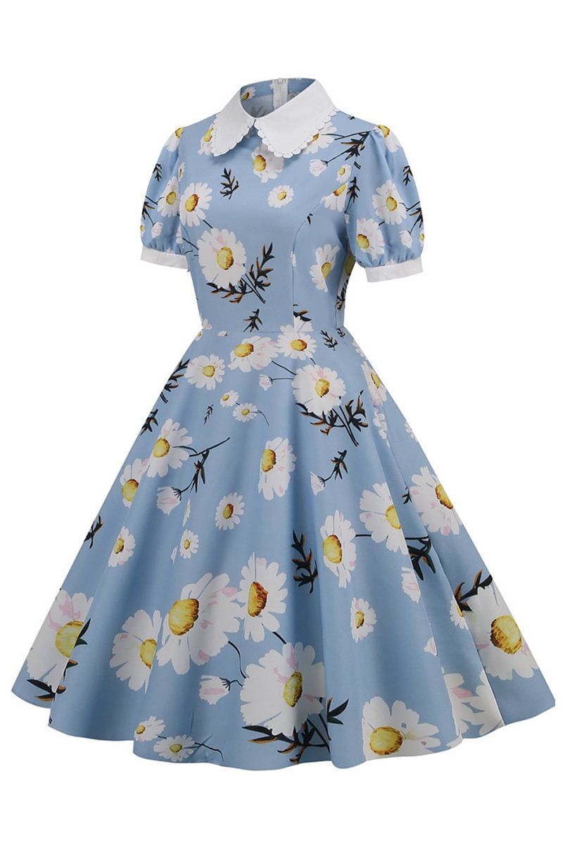 1950s Printed Short Sleeve Doll Collar Swing Summer Midi Dresses