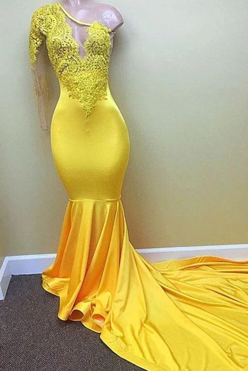 Modern Yellow One Shoulder Mermaid Prom Dress Long Sleeves With Appliques - lulusllly
