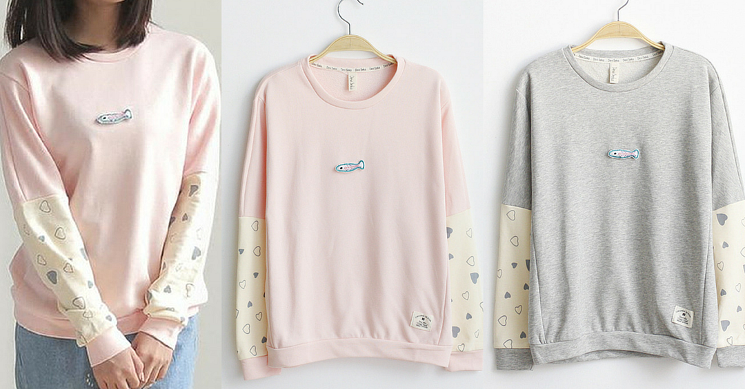 Grey/Pink Mori Girl with little fish Long Sleeve Jumper SP165110