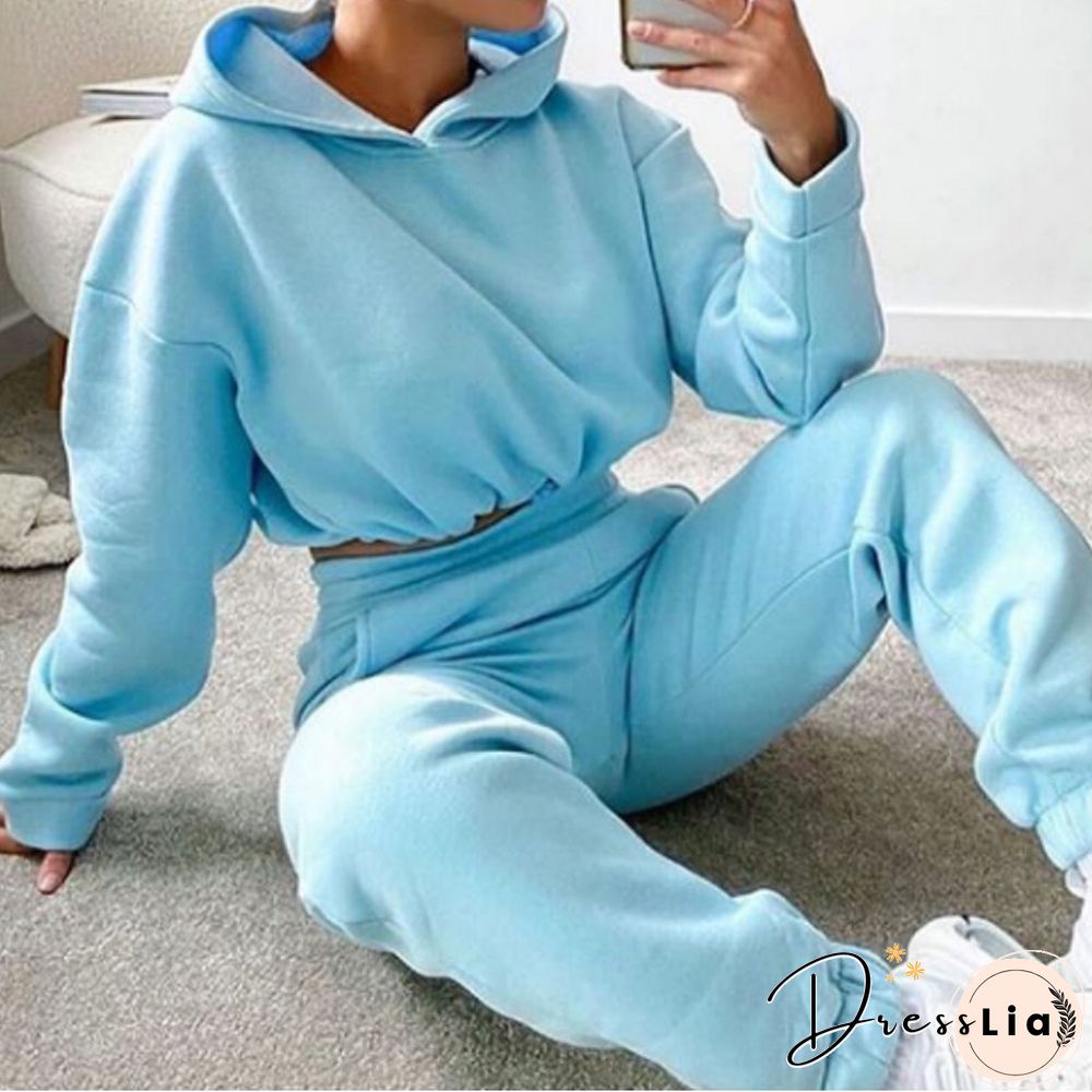 Plain Short Long Sleeve Hoodie 2-Piece Set