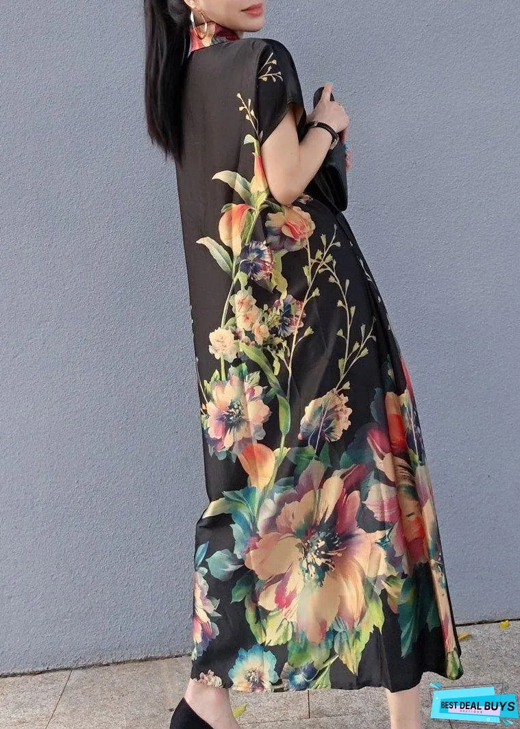 Women Lapel Drawstring Spring Tunic Sleeve Black Print Robe Dresses