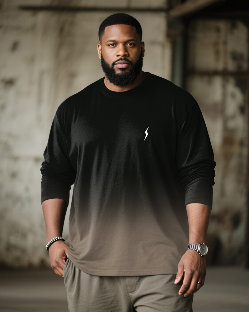 Big & Tall Men's Black Khakis Gradient Lightning Pattern Long Sleeve T-shirt