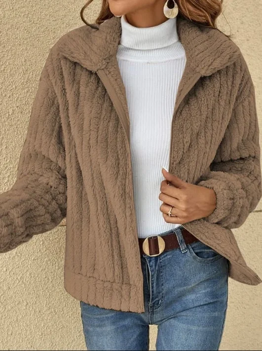 Olarglscal Short Jacket Lapel Zipper Winter Coat Warm Plush Fleece Zipper Casual Coat Top