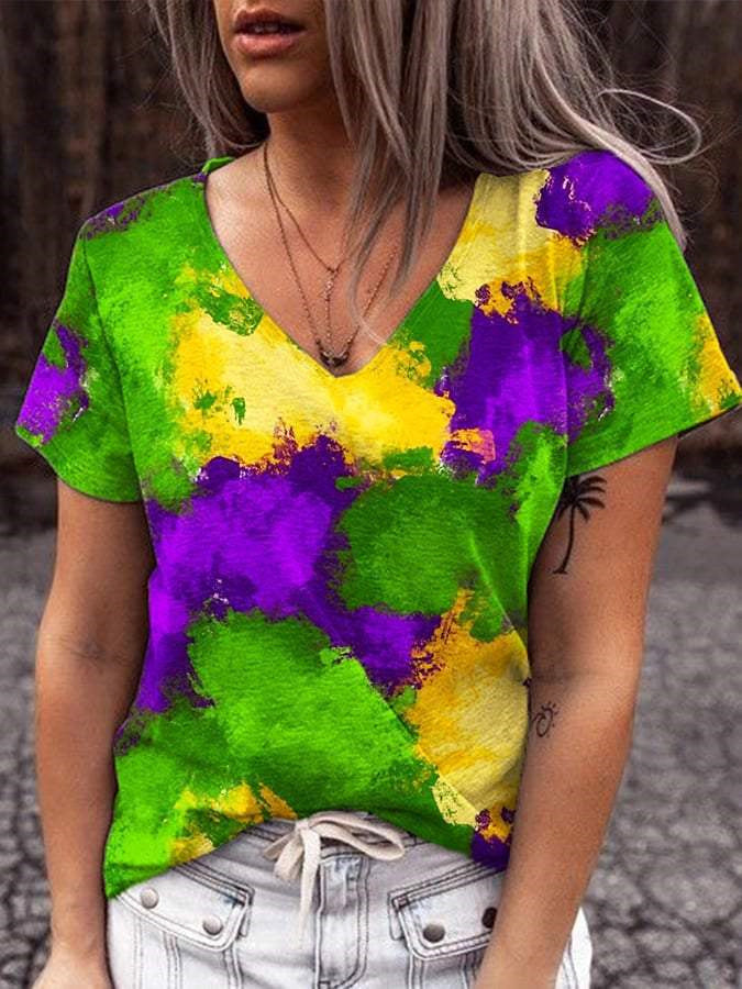 Women Short Sleeve V-neck Printed Graphic Colorblock Geometric Mardi Gras Tops