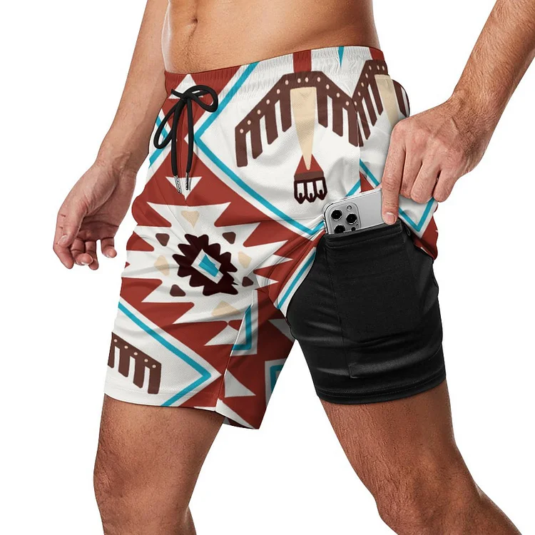 Summer Red Blue Native American Eagle Running Athletic Workout Sports Trunks Mens 2 In 1 Sports Gym Shorts With Phone Pocket - Heather Prints Shirts