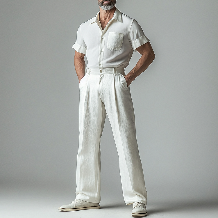 Men's Solid Short Sleeve Button Shirt & Pants 2Pcs Set