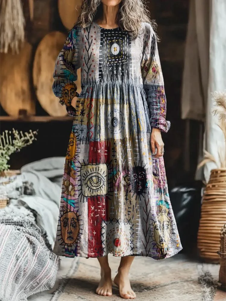 Women's Retro Patchwork Art Pattern Print Pocket Cotton Dress