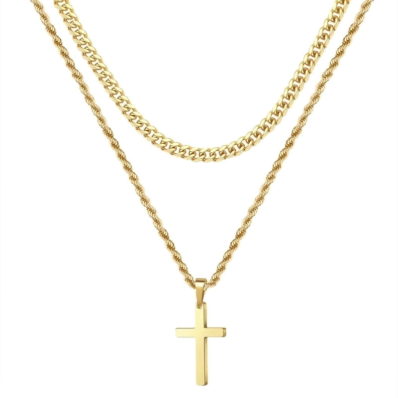 Hip-Hop Cross 304 Stainless Steel Plating 18K Gold Plated Men’s Double Layer Necklaces Pendant Necklace