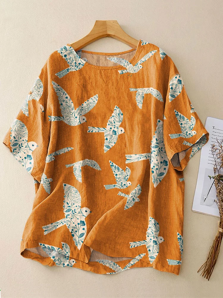 Women's Retro Abstract Pattern Peace Dove Art Print Casual Linen Crew Neck Shirt