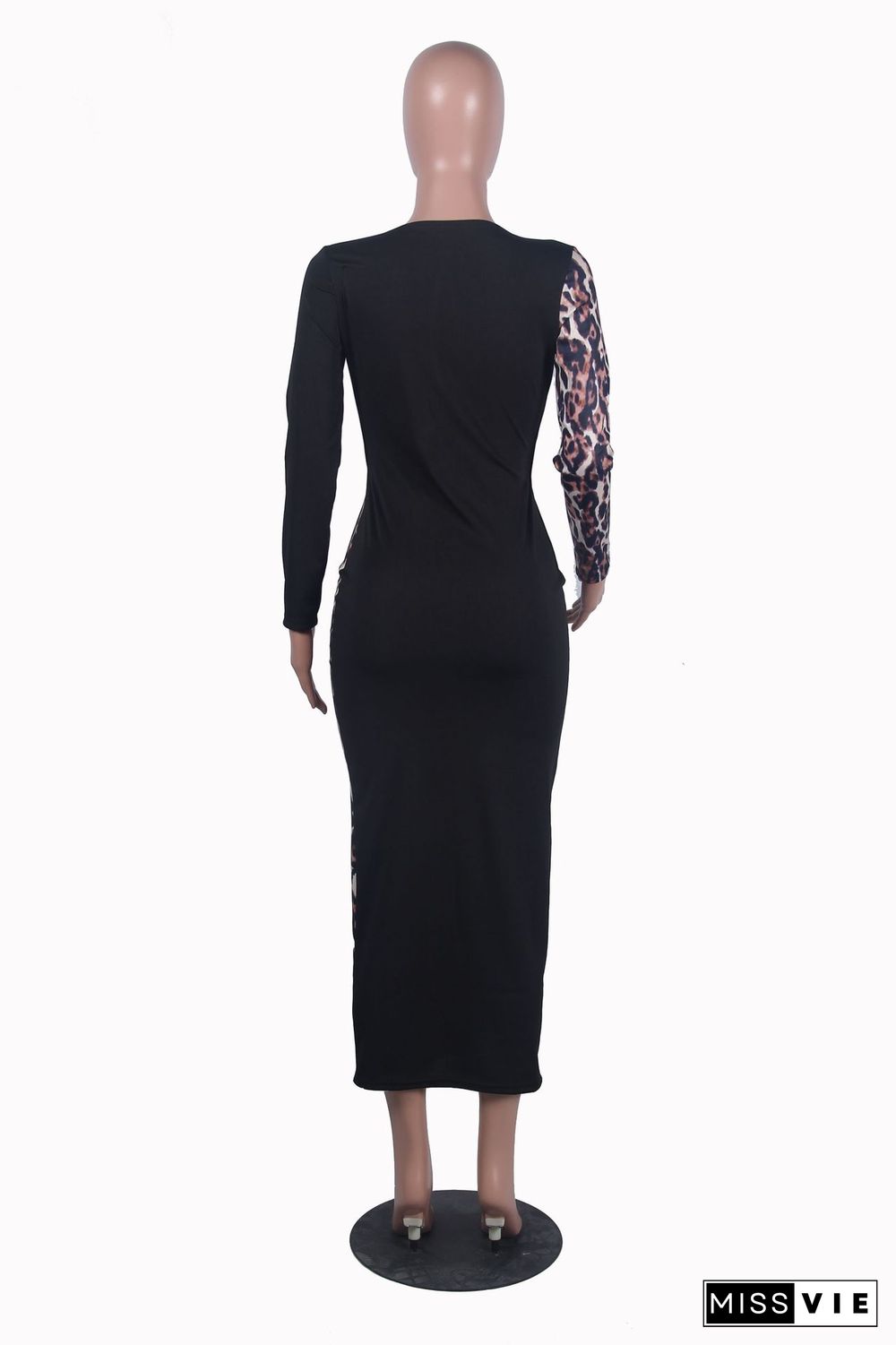 Leopard Patchwork Long Sleeve Cut Out Sexy Dresses