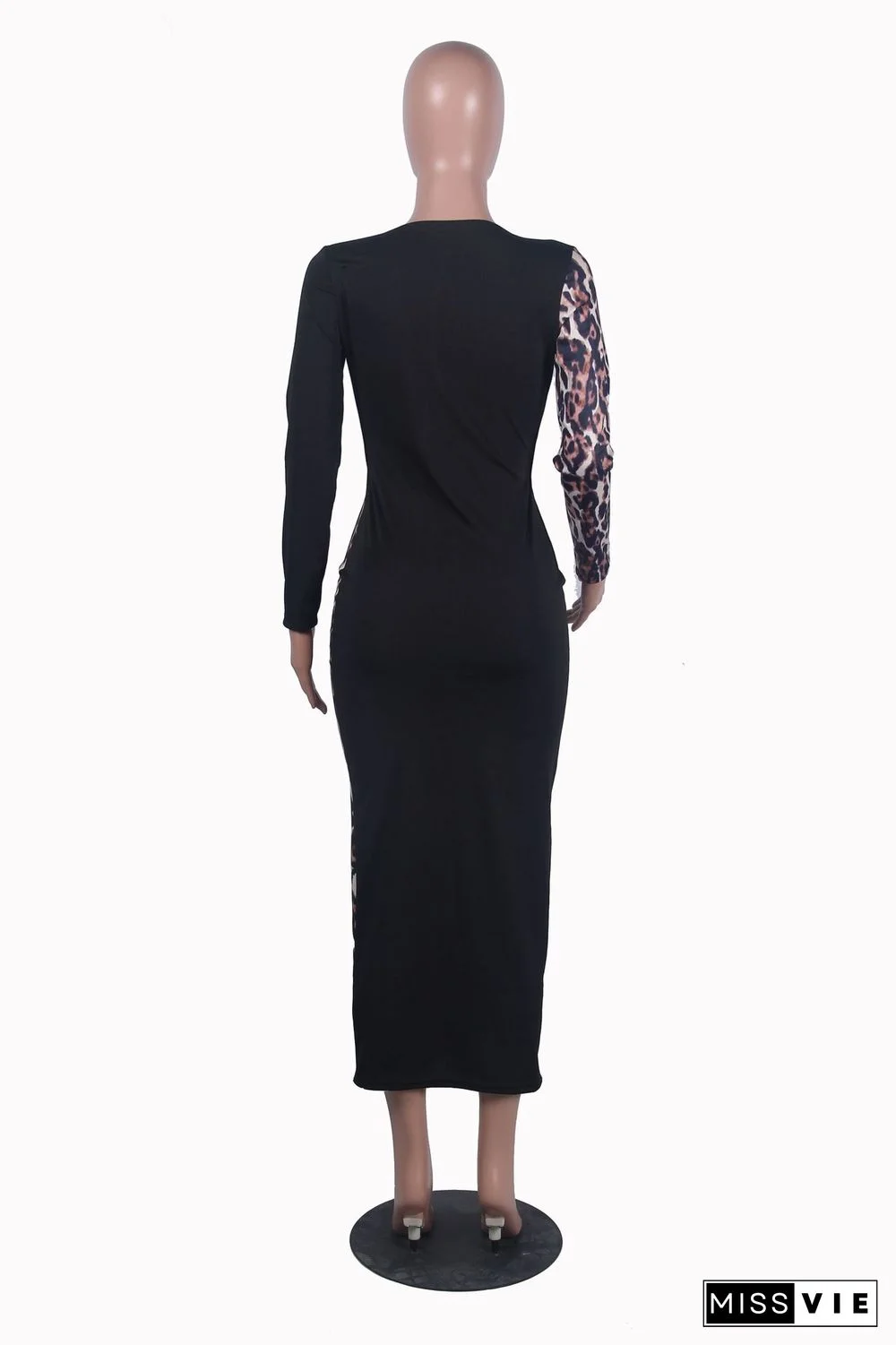 Leopard Patchwork Long Sleeve Cut Out Sexy Dresses