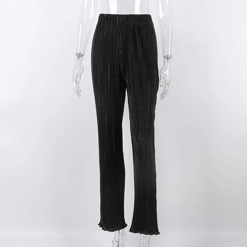 Pleated Y2K High Waist Straight Pants Women 2022 Plisse Casual Long Trousers Capris Pant Bottom Black Loose