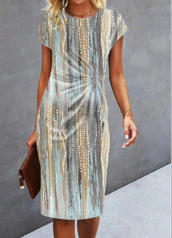 Mature Women Summer Fashion Slim Print Pleating Short Sleeve Dress