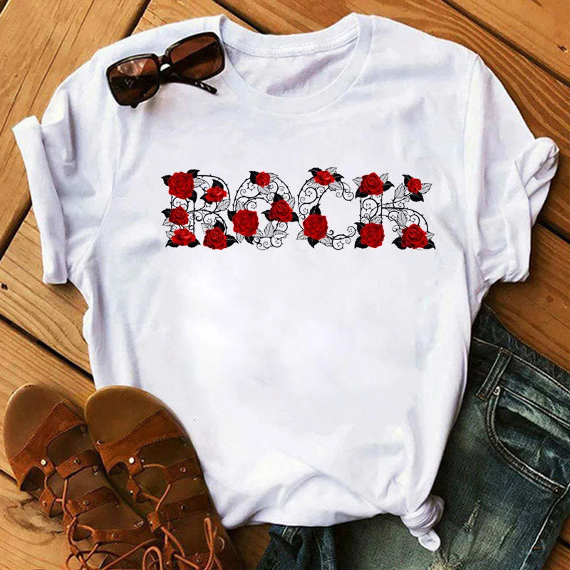 New Fashion Women Black T Shirt Red Rose Musical Note Printed T Shirt Harajuku Cute Graphic Tee Shirt Female Ladies Casual Tops