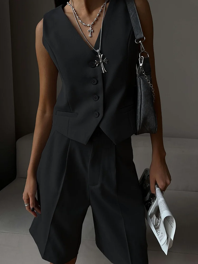  V-Neck Single-Breasted Vest & Straight Shorts Set