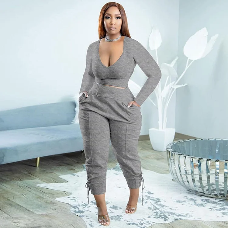 PASUXI Sexy V Neck Solid Color Lace Up Trousers Casual Two Piece Suit for Women Trendy Fashion Set huanwei