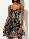 Spaghetti-Neck Shiny Empire A-Line Party Mini Dress