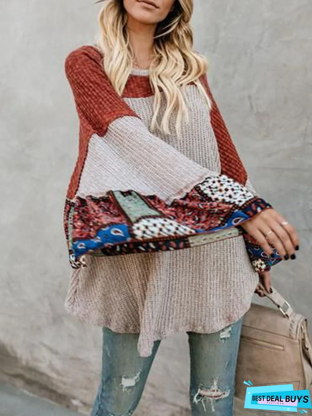 Knitted Bell Sleeve Color-Block Casual Shirts & Tops