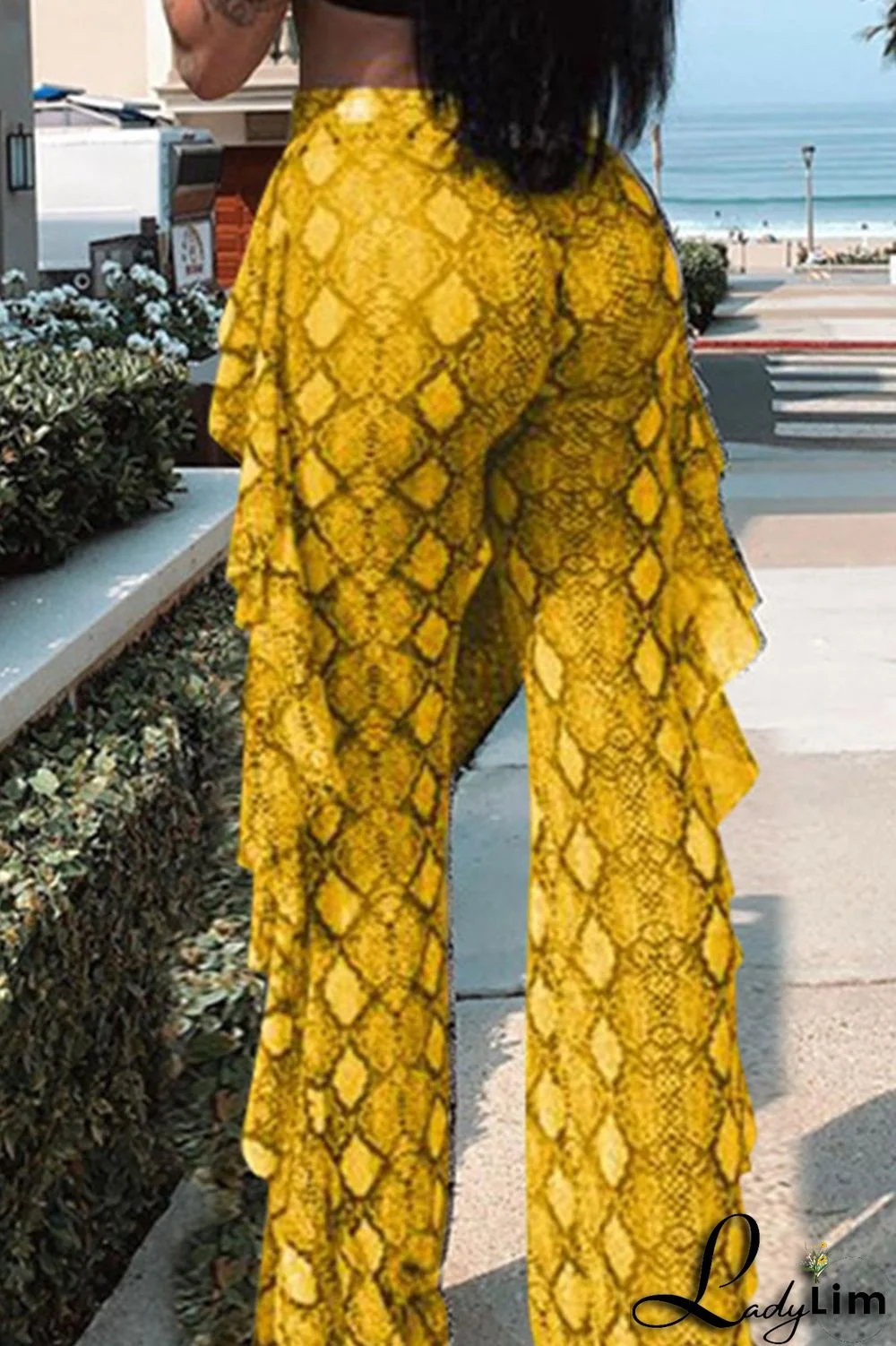 Grey Sexy Print Patchwork Flounce Straight High Waist Straight Full Print Bottoms