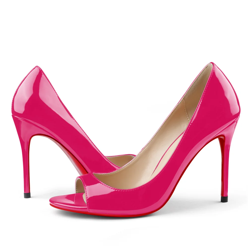 100mm Women's Open Toe Red Bottom Patent Sandals Pink Stilettos-MERUMOTE