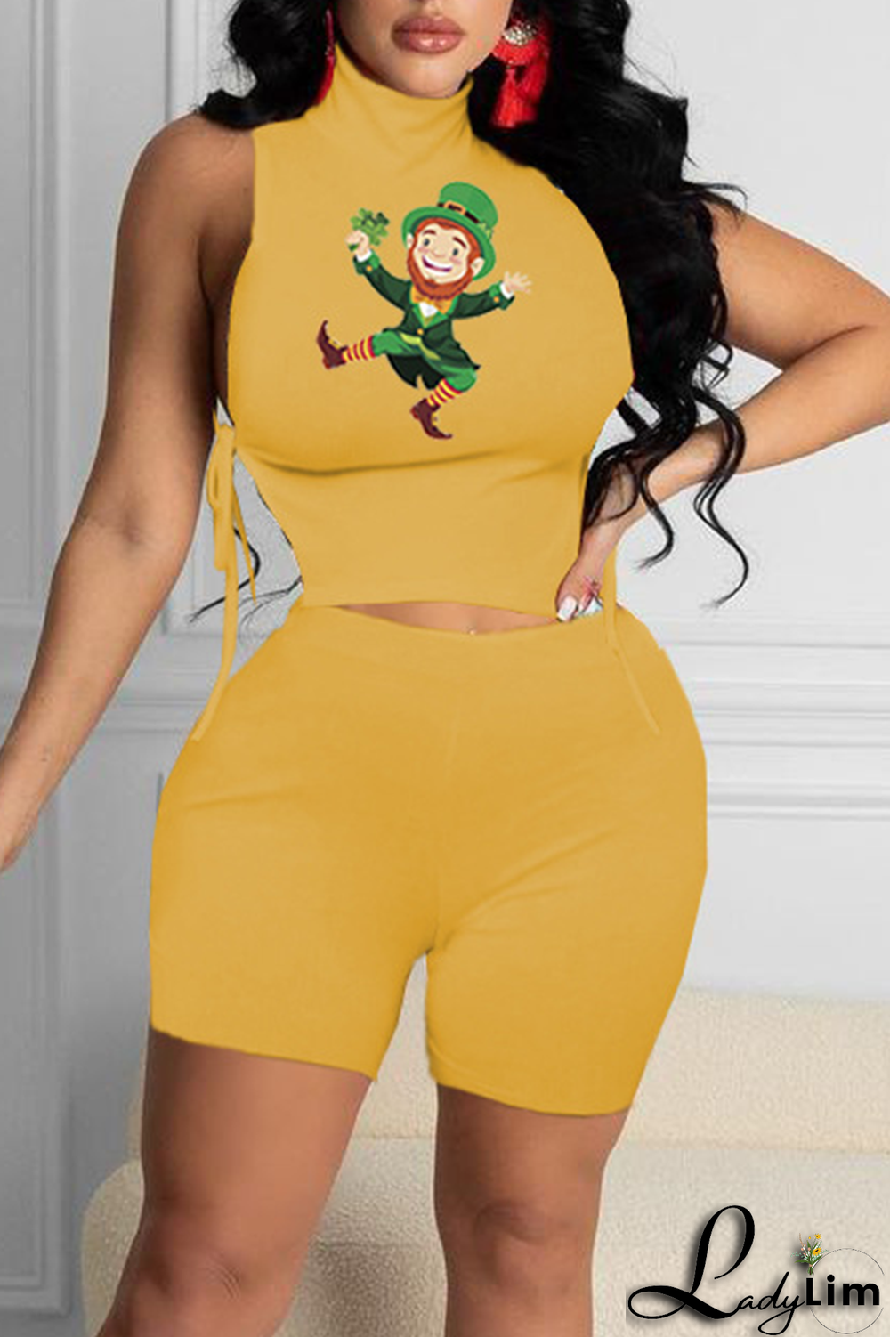 Black Fashion Print Split Joint Turtleneck Sleeveless Two Pieces