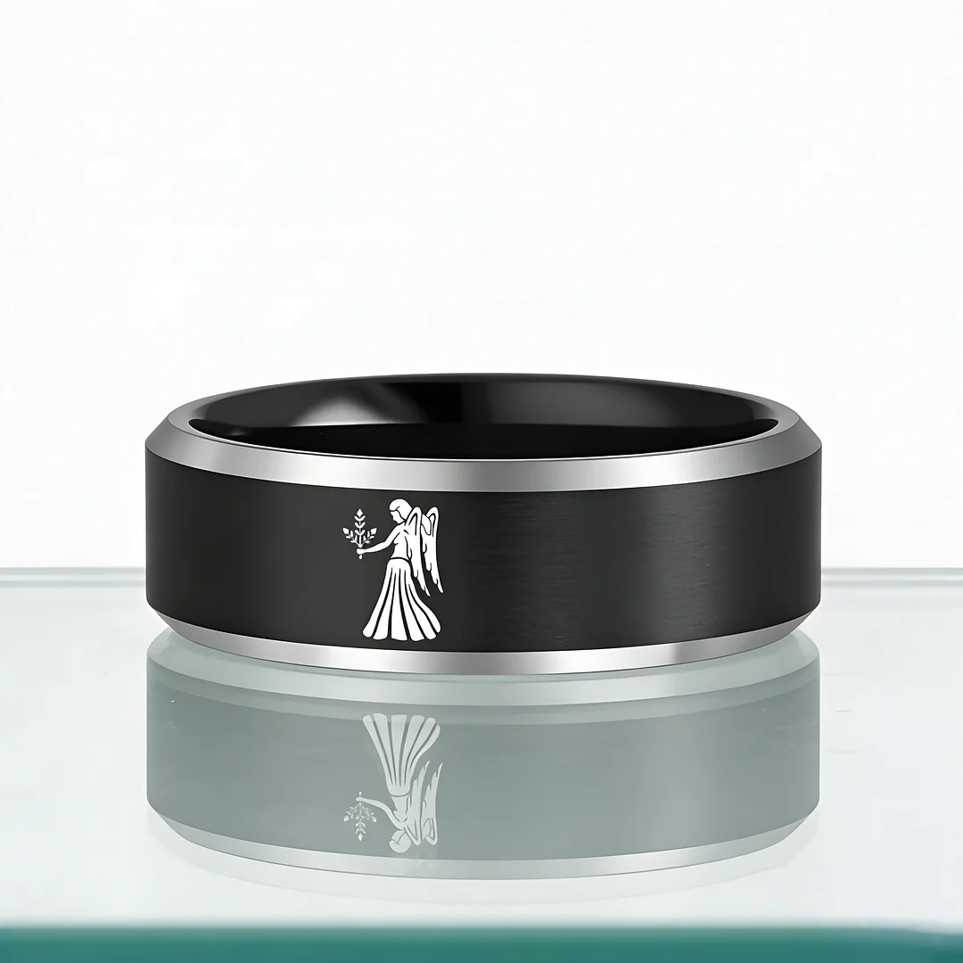 Beveled Edges Black Laser Etched Tungsten Carbide Rings Black Virgo Couple Wedding Bands 4MM 6MM 8MM
