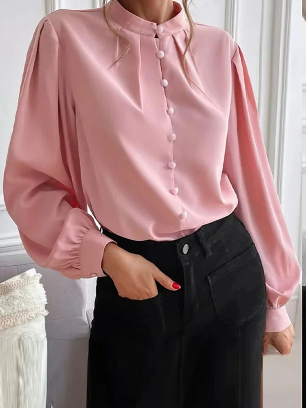 Pleated Solid Color Split-Joint Loose Puff Sleeves Stand Collar Blouses