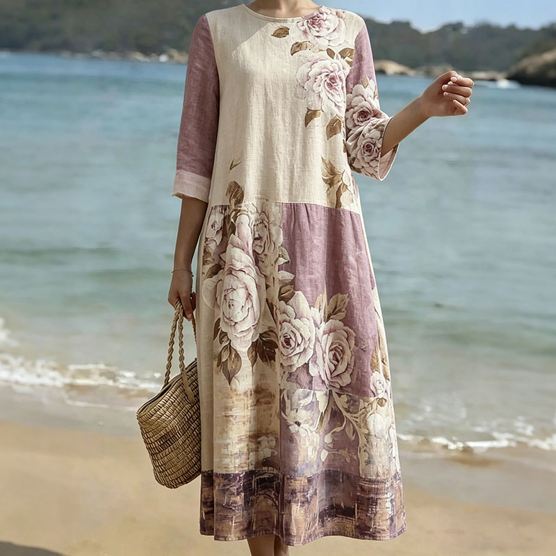 Women's Retro Floral Art Print Round Neck Dress elevenforest