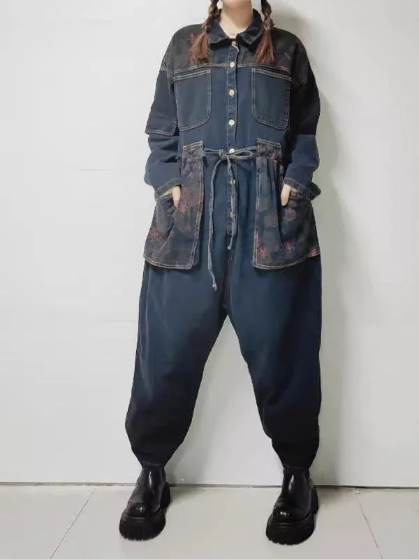Women's Floral Printed Gradient Casual Retro Wide-leg Workwear Denim Overalls Jumpsuit