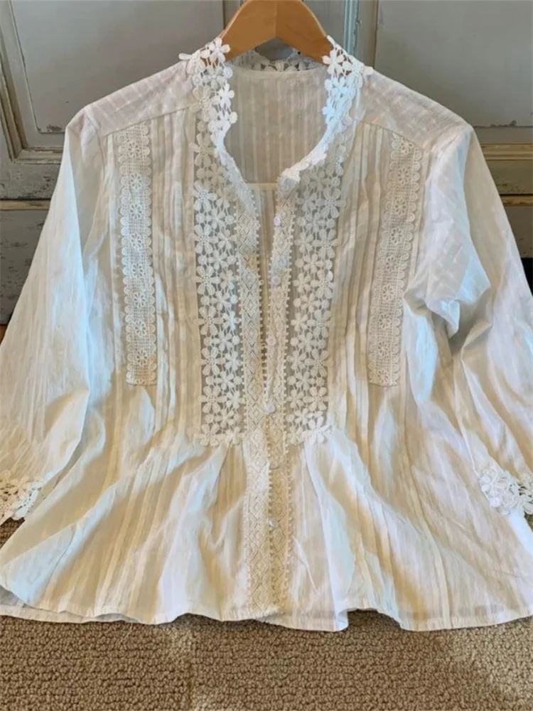 Hollow Floral Lace Trim Pintucked Flowy Blouse