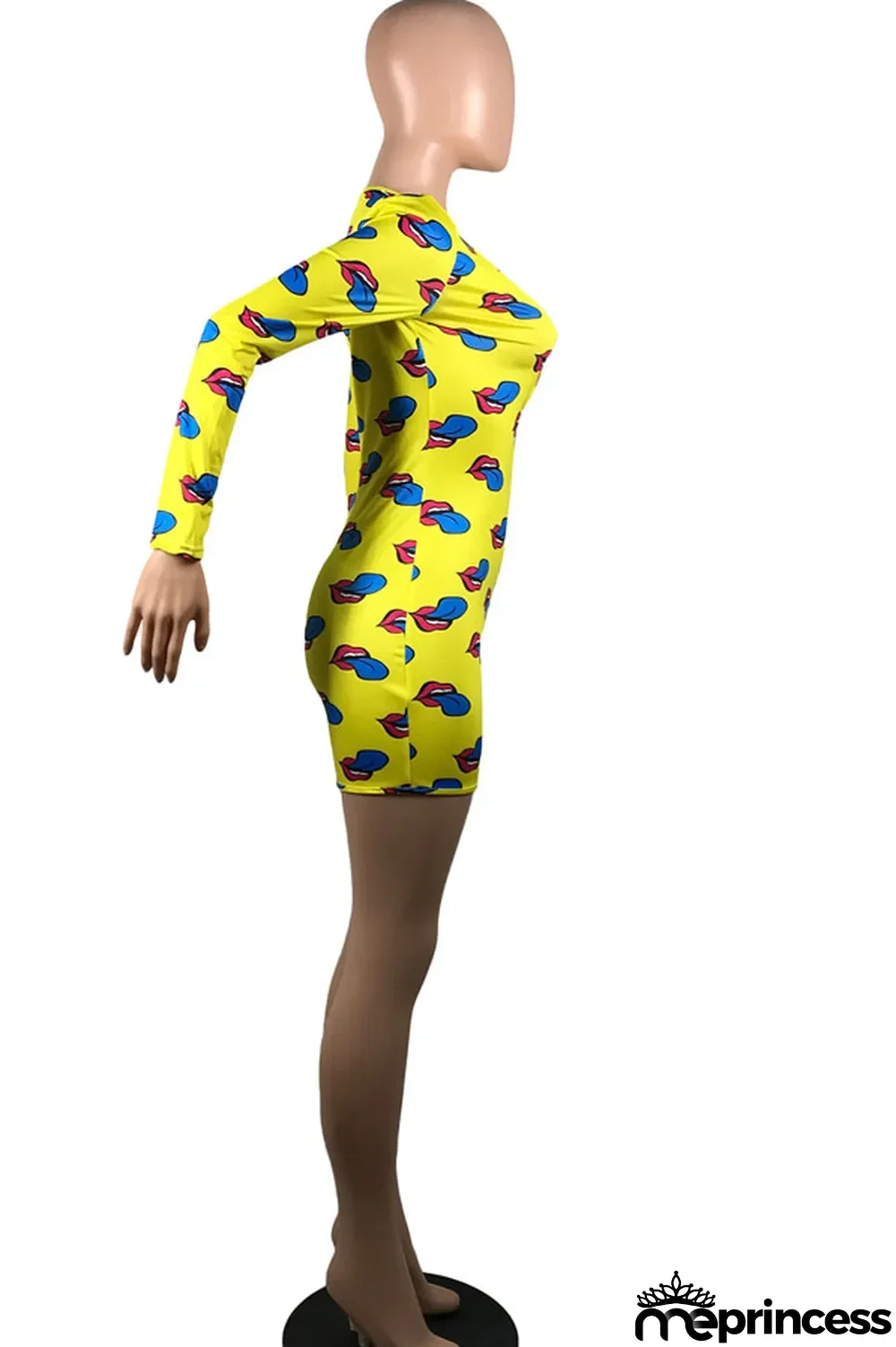 Yellow Sexy Print Polyester Long Sleeve V Neck Jumpsuits