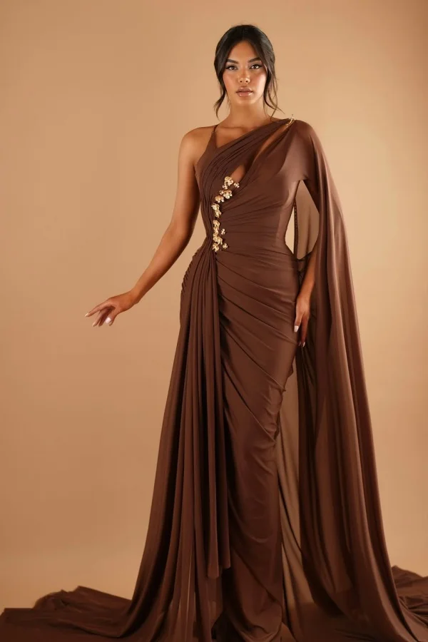 Lussooy Gorgeous Brown One Shoulder Chiffon Long Sleeves Prom Dress with Train     