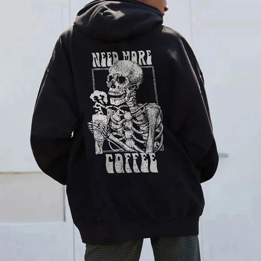 Skull Drinking Coffee Letter Grey Pattern  Black Print Hoodie