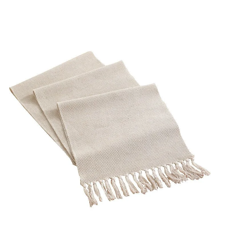 Cotton Linen Tablecloth Beige Table Runner Woven Table Cloth Walf Checks/Wave Decorative Table Flag Covers for Dining Room