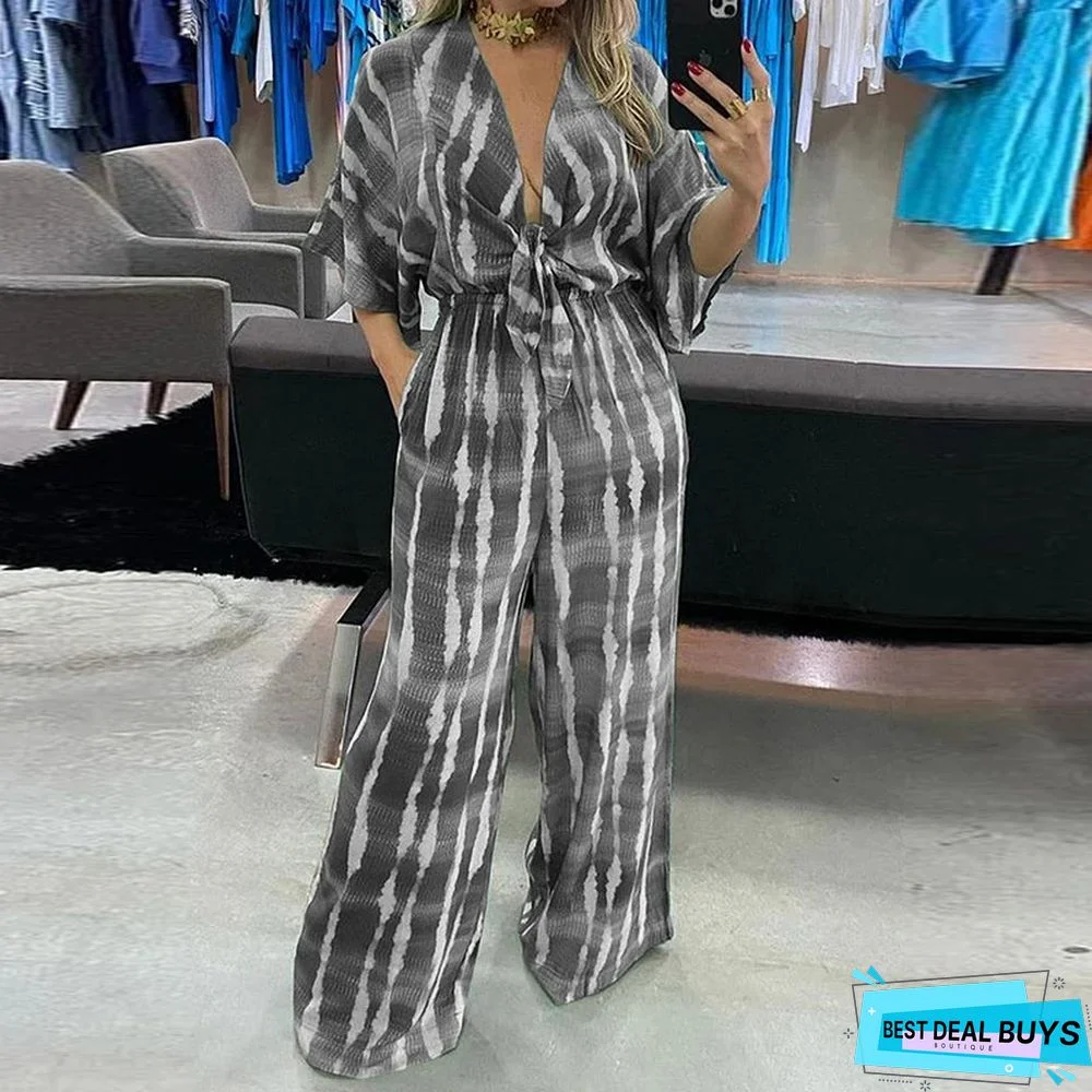 Plus Size Women V Neck Tie Loose 3/4 Sleeve Jumpsuit