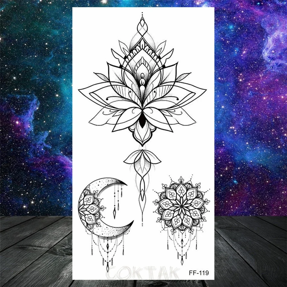 Owl Moth Jewelry Temporary Tattoo For Women Men Mandala Henna Flower Tattoo Mehndi Fake Pendants Geometric Tatoo Chest Back Lace