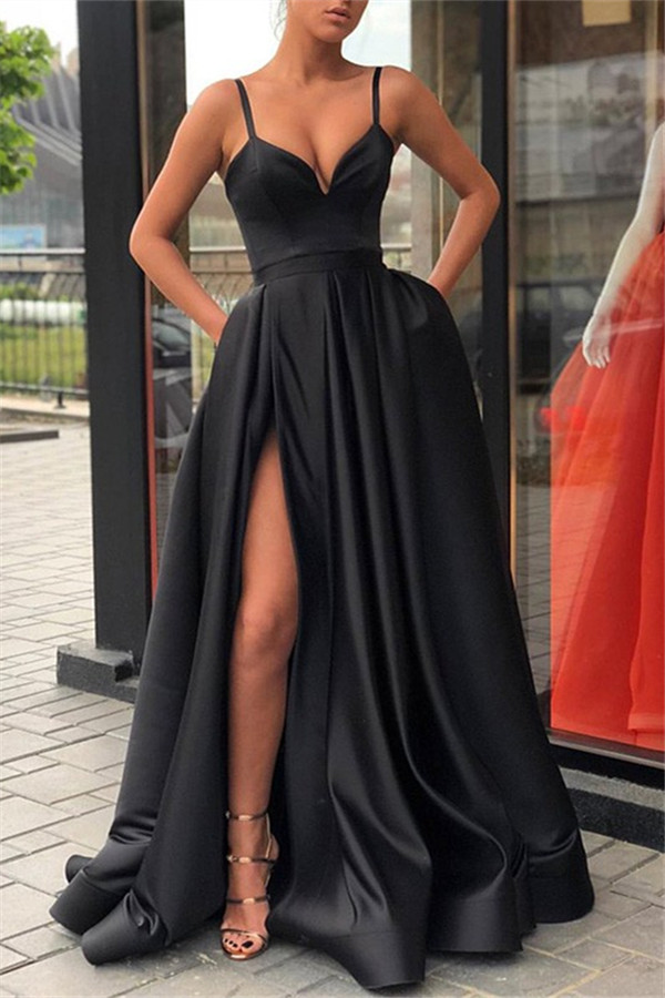 Bellasprom Black Long Evening Dress With Pocket Front Slit Spaghetti-Straps Bellasprom