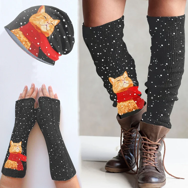 （Ship within 24 hours）Retro Cat Printed Knitted Hat + Leg Warmers + Fingerless Gloves Set