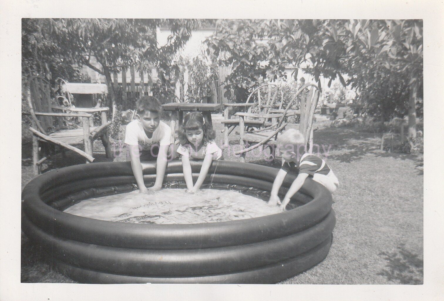 BACKYARD POOL KIDS Vintage FOUND Photo Poster painting bwSnapshot BOYS GIRL 91 11