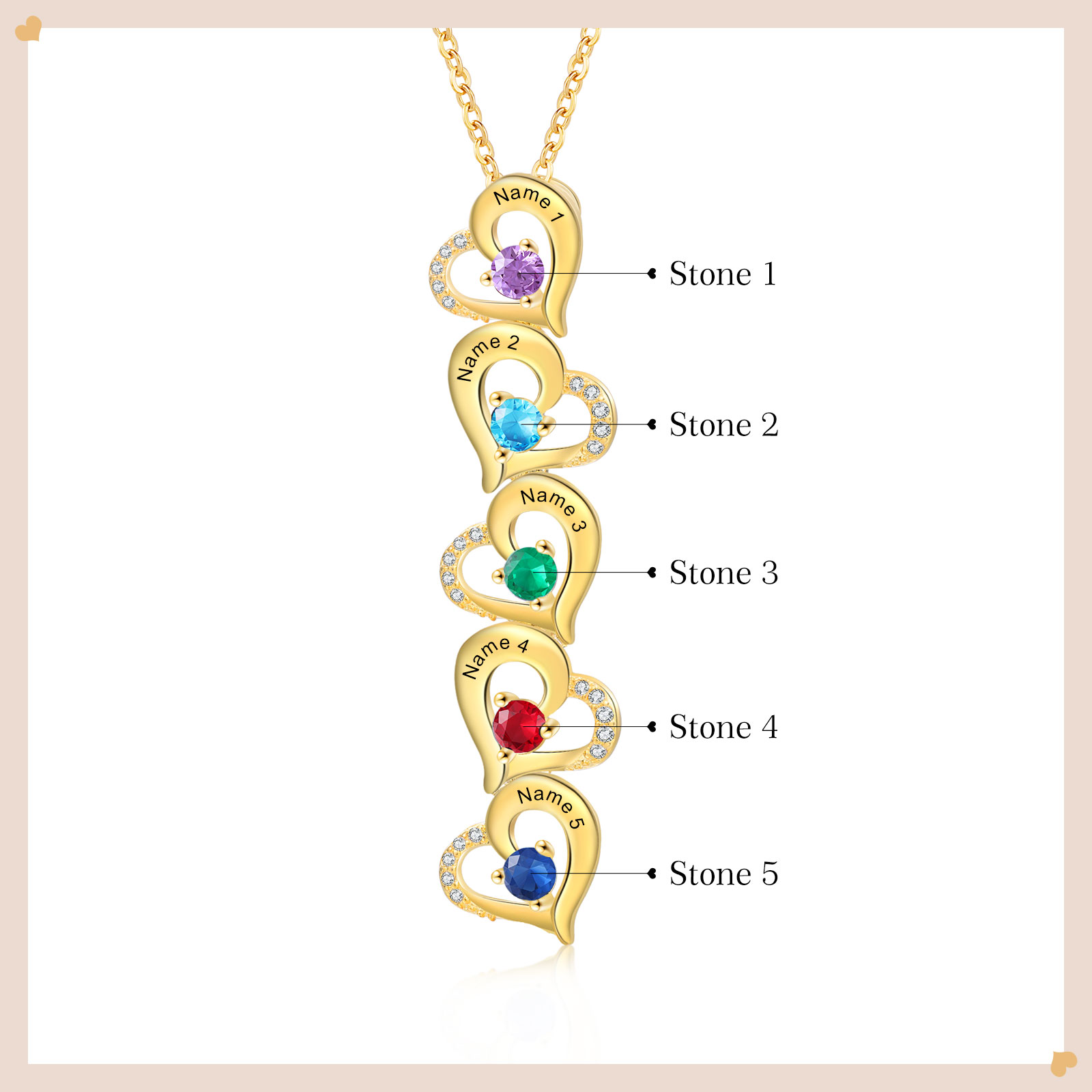 5 Names - Personalised Heart Pendant Necklace Custom Birthstones & Names Necklace Birthday Gift for Her-Jessemade AU