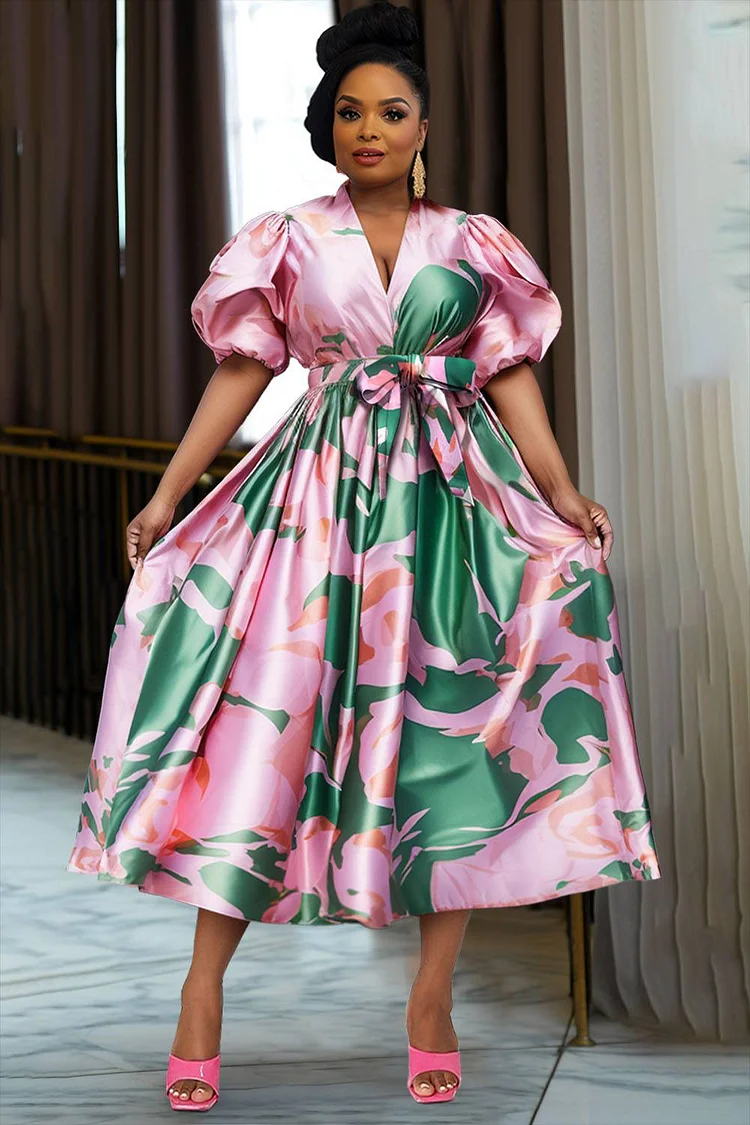 Xpluswear Design Plus Size Semi Formal Pink Floral V Neck Puff Sleeve Short Sleeve Bow Tie Satin Maxi Dresses
